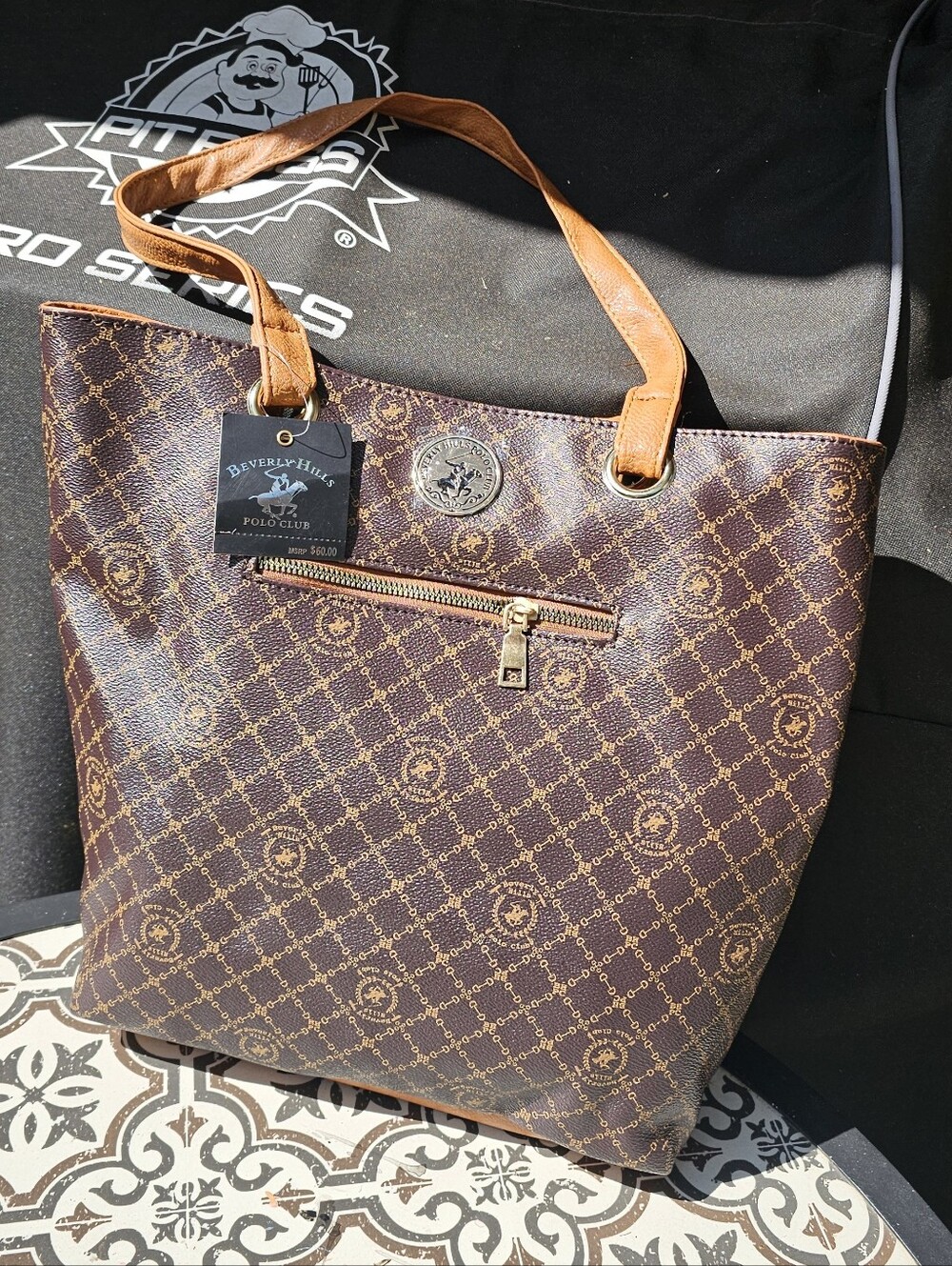 Beverly Hills Polo Club Brown Tote Bag with Tan Handles NWT